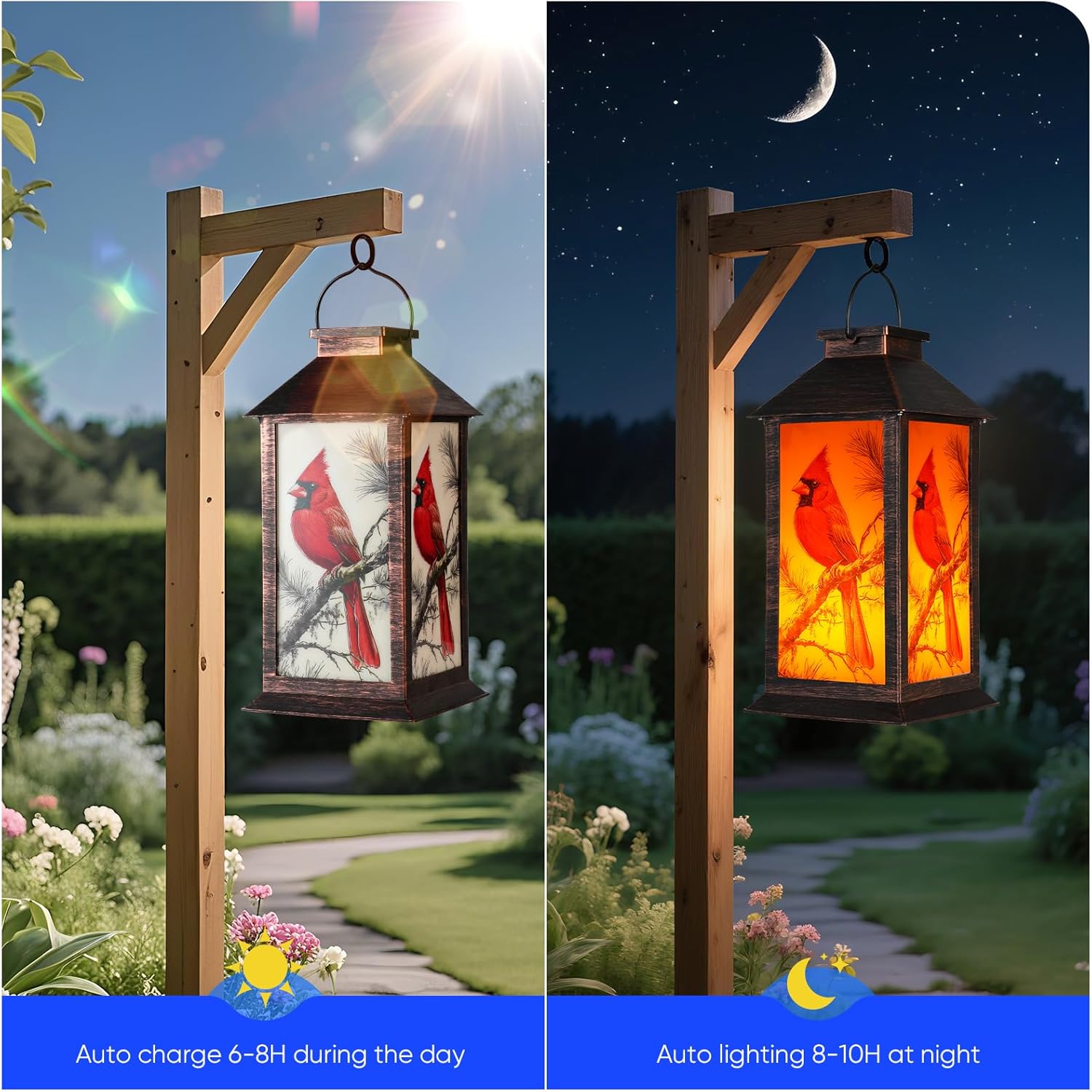 Homemory Hanging Solar Lanterns Outdoor Waterproof, Solar Cardinal Lights with LED Flickering Flameless Candles, Gifts for Women Mom, Outside Lantern Decoration Garden Yard Patio Lawn Porches Park