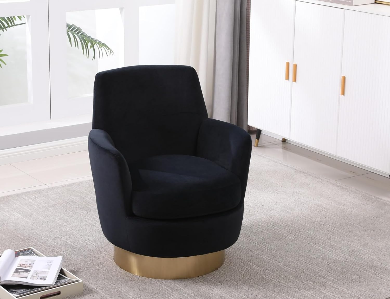 KEIKI Velvet 360° Swivel Barrel Chair with Gold Stainless Steel Base, Accent Round Single-seat Upholstered Reading Sofa Armchair for Nursery, Reading, Living Room, Bedroom, Lounge, Hotel, Black Velvet