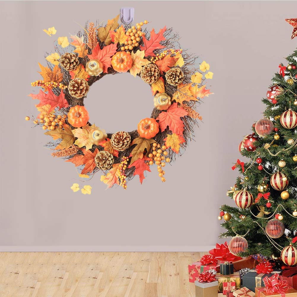 Guirnalda de Hojas de Arce de Calabaza Artificial, Vacaciones de otoño, Día de Acción de Gracias, Guirnalda Colgante de Pared para Puerta Delantera, decoración de Cosecha para el hogar de 60CM