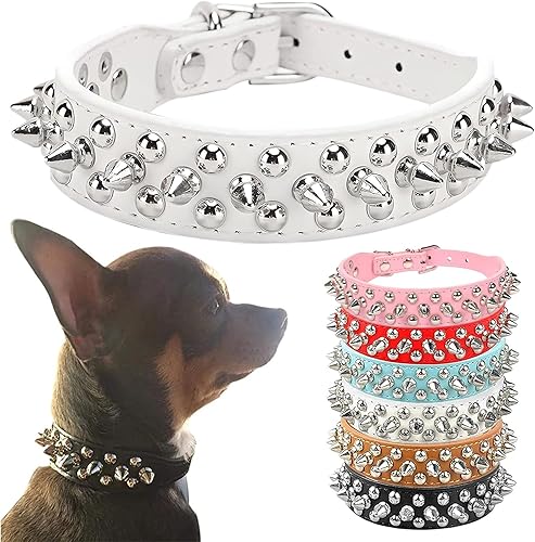PETCARE Collar de perro con pinchos, de piel sintética suave, color blanco, con diseño de hongos, remache, tachuelas, collar ajustable para perros