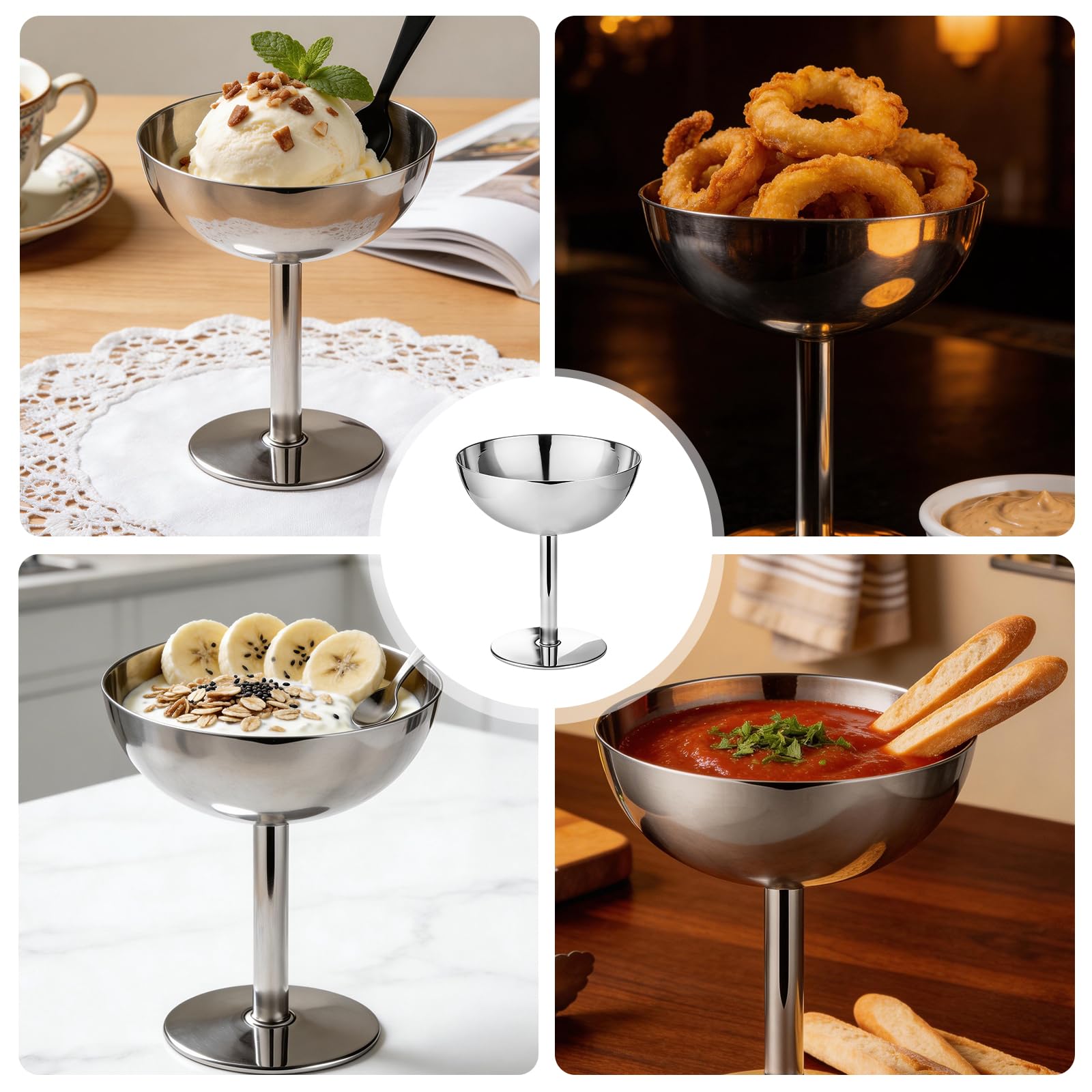 4 Pezzi Coppette Gelato in Acciaio Inox 200 ml, Ciotole per Dessert con Piede Ø 10 cm, Riutilizzabili per Gelato, Yogurt, Budino, Macedonia e Dolci - Argento