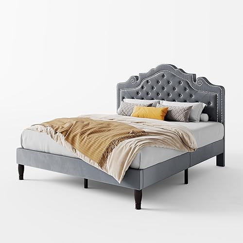 Miniatura 34 de SHA CERLIN Base de cama Queen con cabecera ajustable, tapizado de terciopelo, botón de diamante y tachuelas de metal, no necesita somier, soporte de