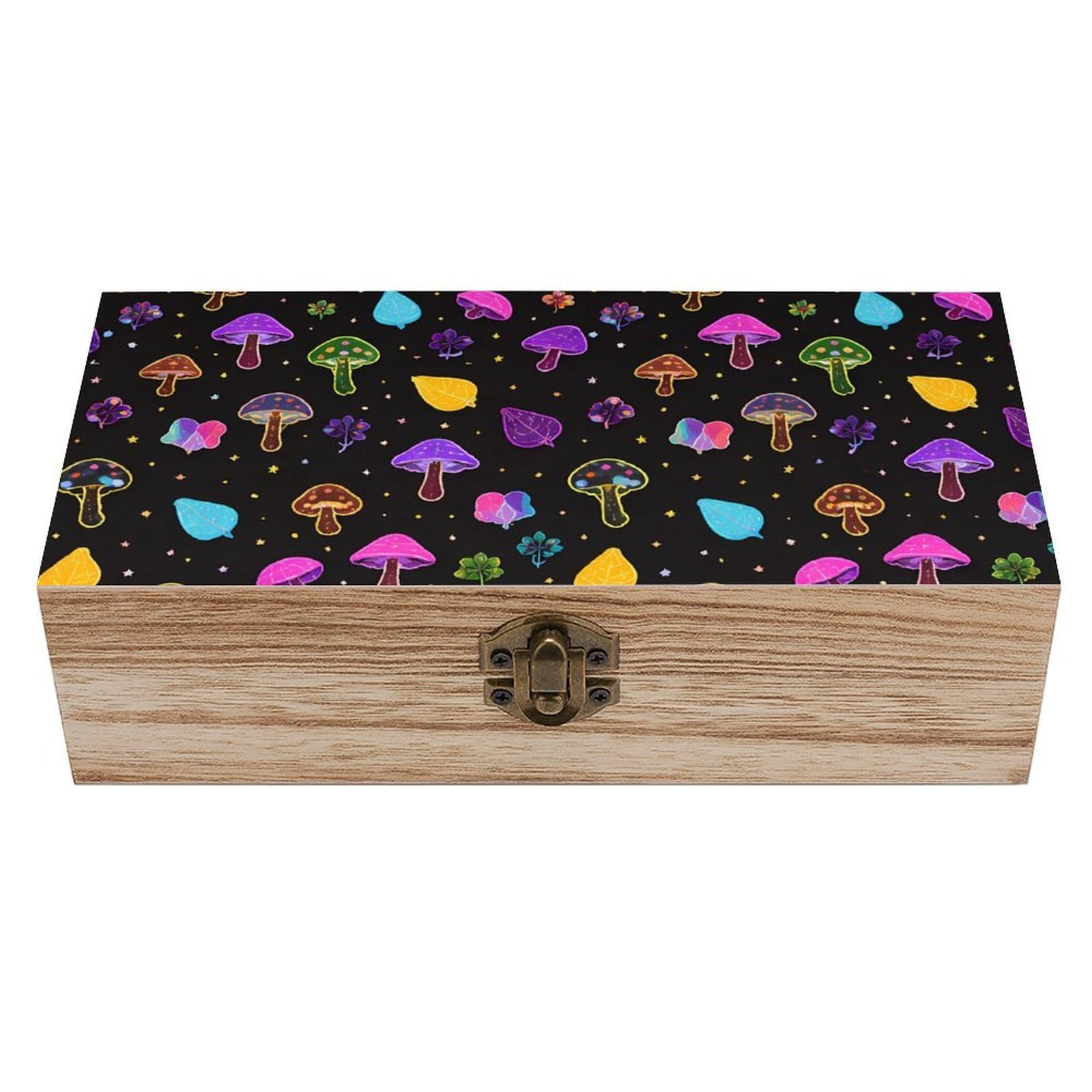 SMAZDFXX Trippy Mushroom Wooden Storage Box With Hinged Lid Decorative Front Clasp Keepsake Boxes