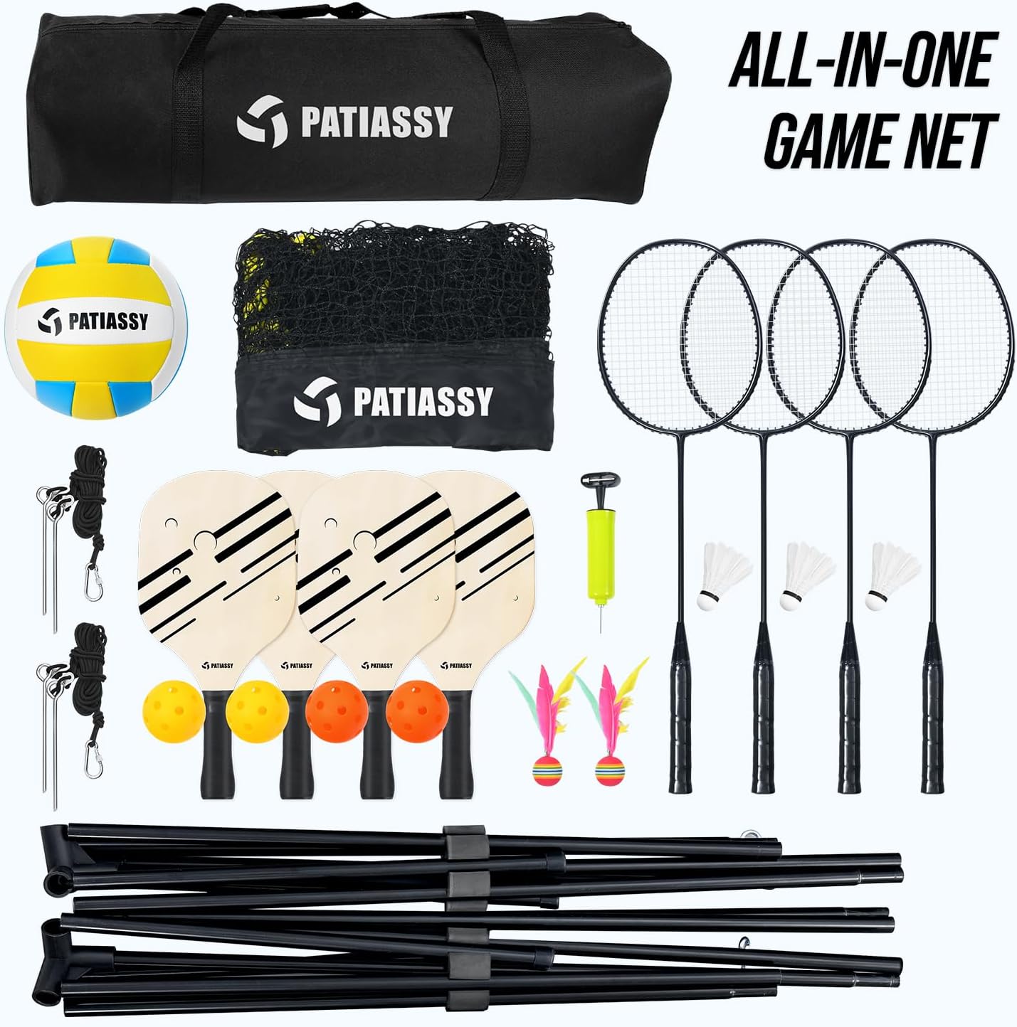 Volleyball Badminton Pickleball 3-in-1 Combo Net Set for Backyards, 5.1-7.4ft Adjustable Height Freestanding Indoor Sports Nets, Portable 17ft Outdoor Net with Carry Bag, Rackets and Balls