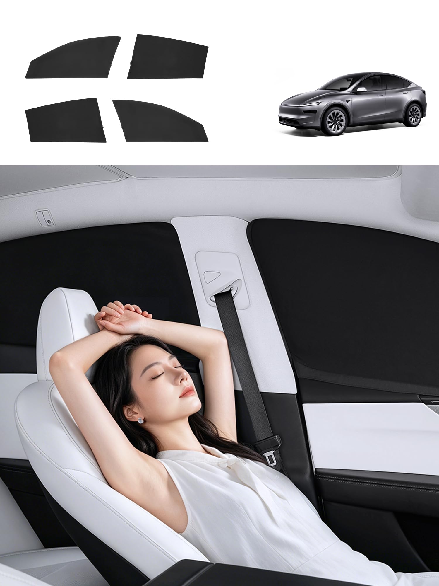 YONZEE テスラ Model Y Juniper 2025‑2026 年式専用 サイドウィンドウサンシェード 4 枚セット フロント・リアガラス遮光カーテン 車中泊 プライバシー保護 UV カット 断熱 専用設計