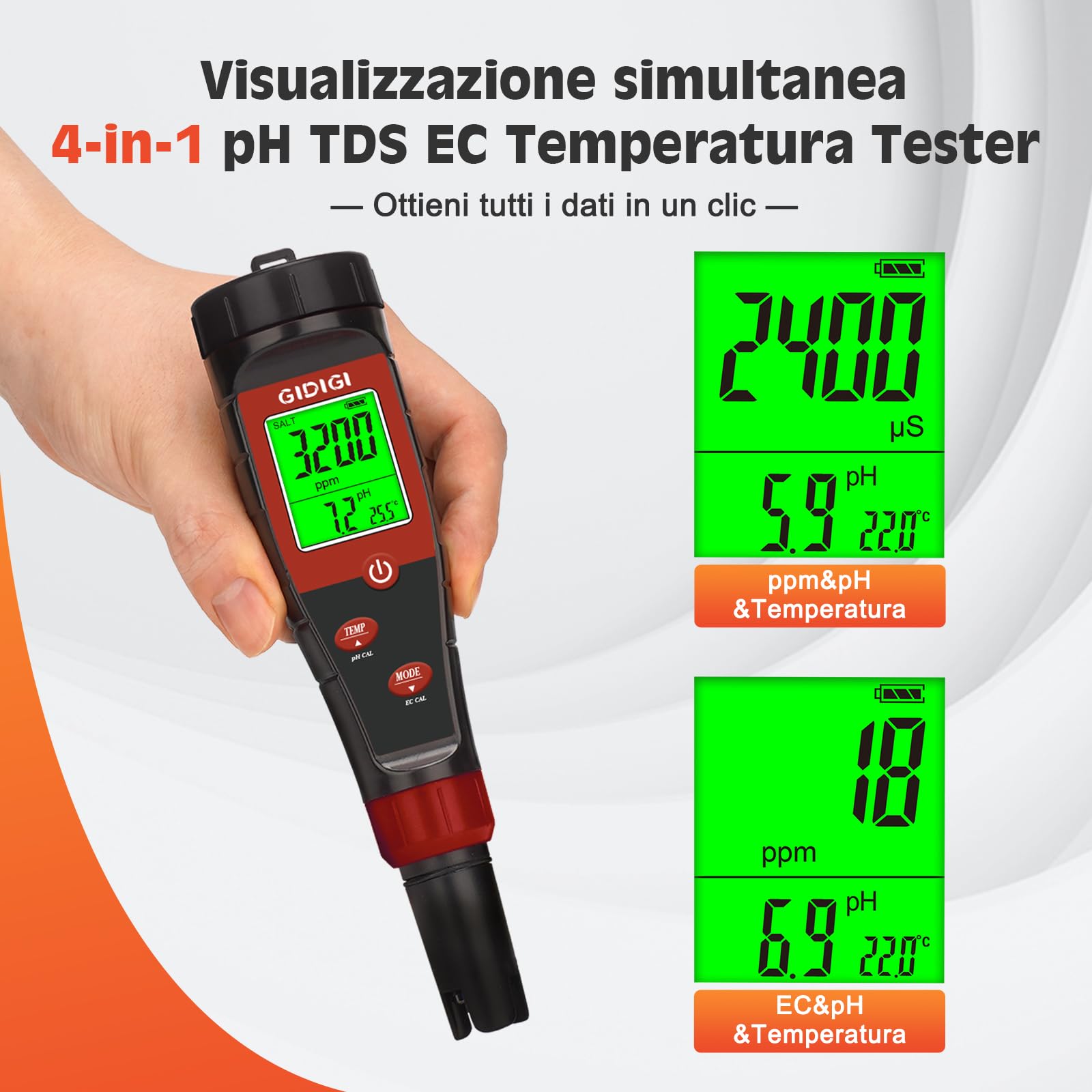 Misuratore di pH digitale per acqua, tester pH 4 in 1 per idroponica, tester TDS EC PPM per nutrienti vegetali, misuratore di conducibilità pH a penna per acqua potabile,DWC,piante da interno