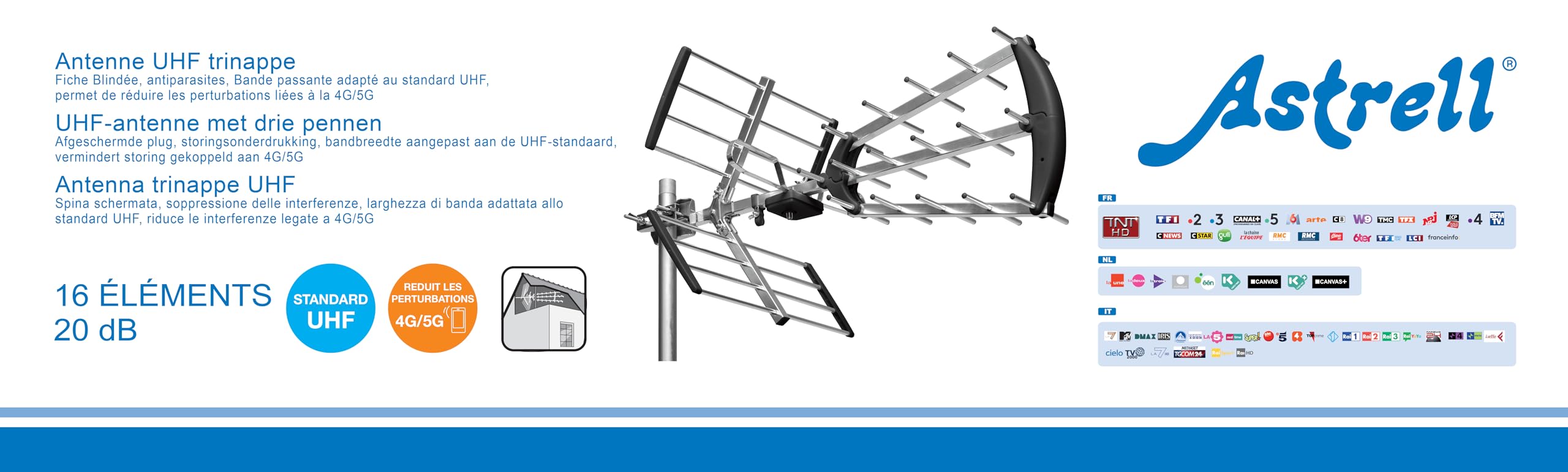 ASTRELL 011034 Antenne d'extérieur TV Trinappe 20dB UHF Fiche F