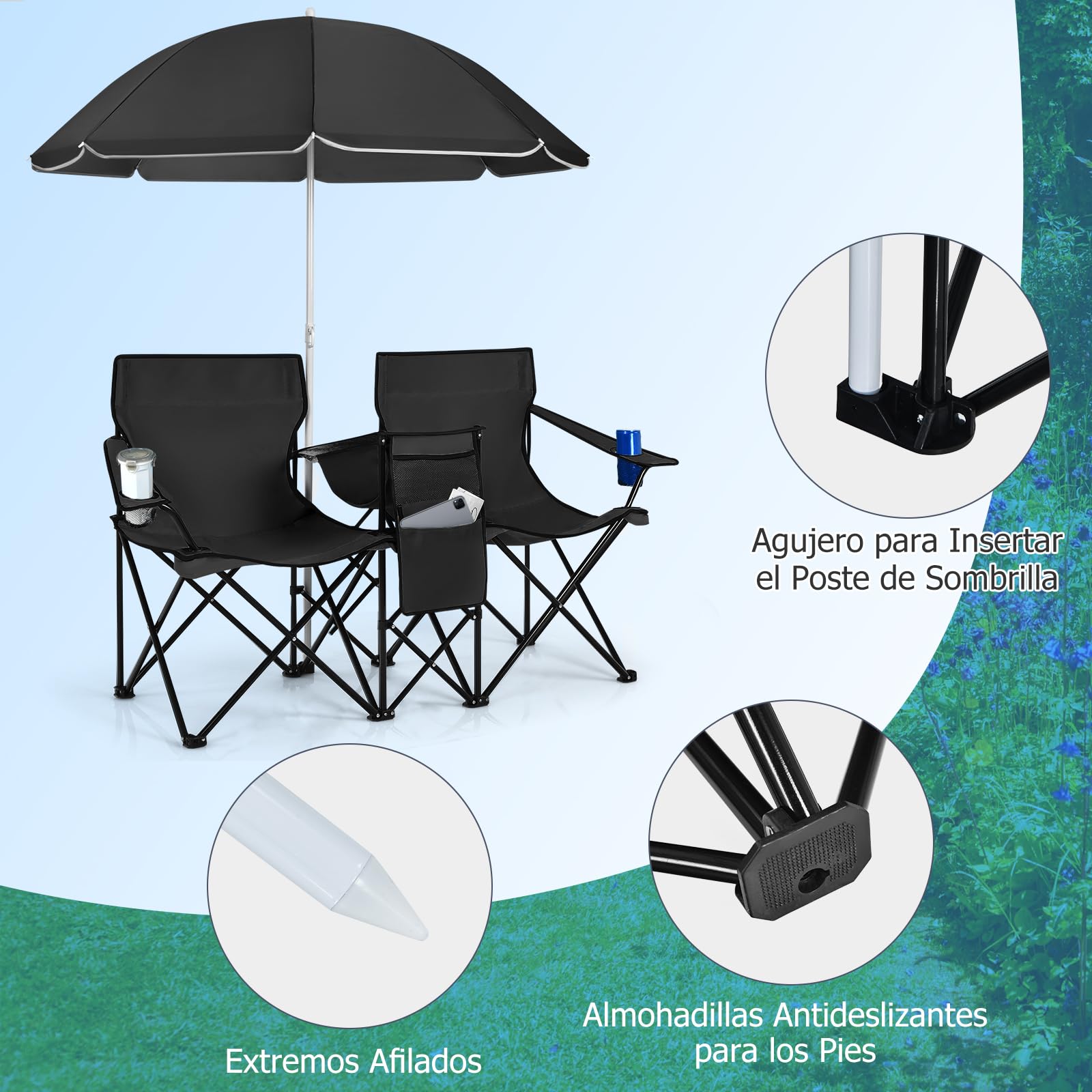 GIANTEX Juego de 2 Sillas de Camping Plegables con Sombrilla, Sillas de Pesca para 2 Plazas con Portavasos y Bolsa Nevera, para 2 Personas, con Bolsa de Transporte (Negro)
