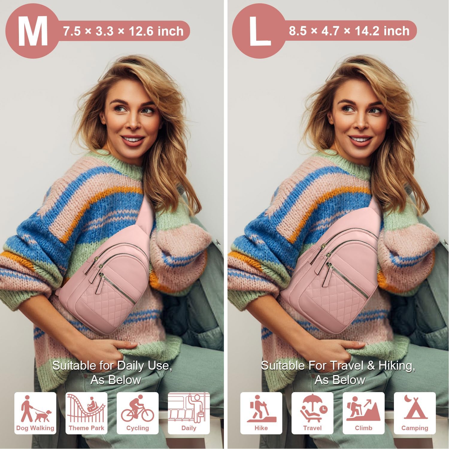 Capolo Sling Bag for Women Men Waterproof Crossbody Bags for Women Trendy Casual Fanny Pack with Convertible Shoulder Strap Chest Bag for Travel Hiking(Pink, Medium) - Image 2