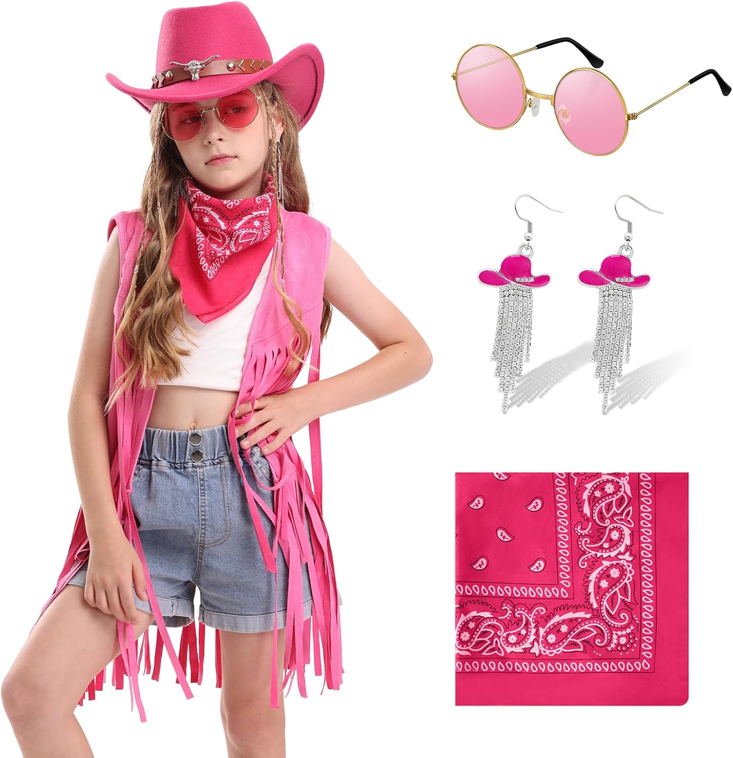 Cowgirl Outfits Costume for Girls 6 Pcs Kids Western Outfit Cowboy Hat Tassel Fringe Vest Earring for Halloween Party