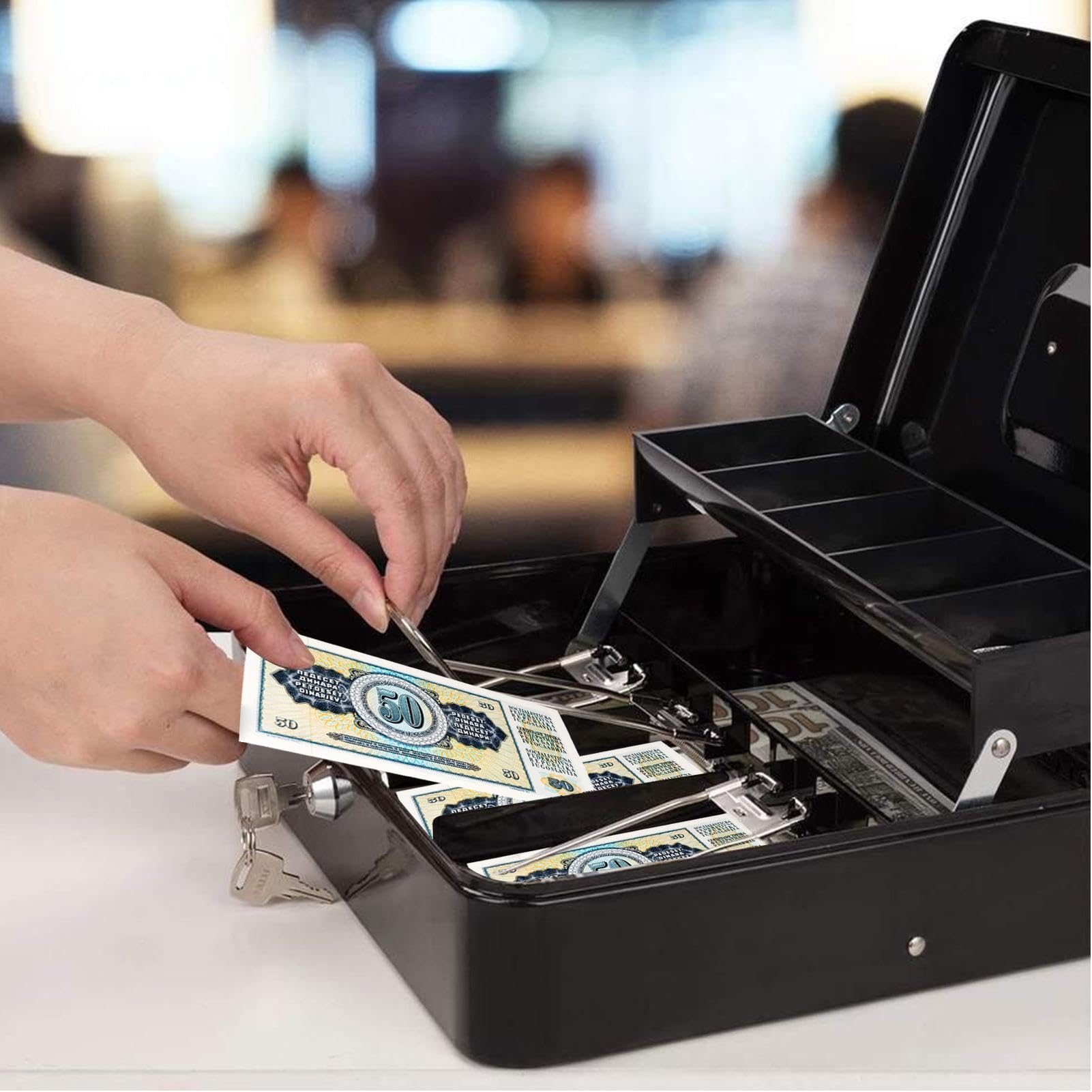 Cassetta portavalori con serratura e 2 chiavi, vassoio salvadanaio con 2 chiavi, cassetto registratore di cassa, 4 banconote/5 scomparti per monete, cassetta di sicurezza portatile per piccole | chiavi, cassetto registratore di cassa, 4 banconote/5 scompa