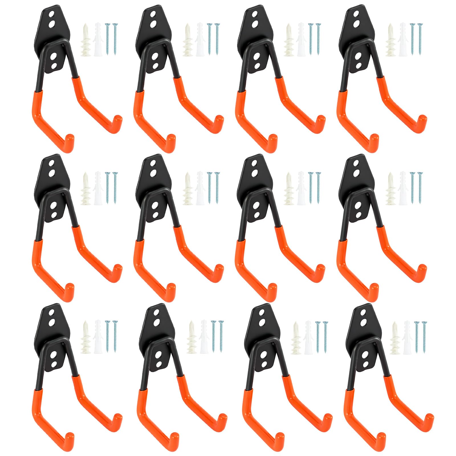 Heavy Duty Garage Storage Hooks, 3 Pack Double Wall Mount Hooks with Anti-Slip PVC Coating, Iron Utility Organizer Hooks for Garden Tools, Ladders, Bikes, Hoses, Orange/Black/Blue (ORANGE(12PCS))