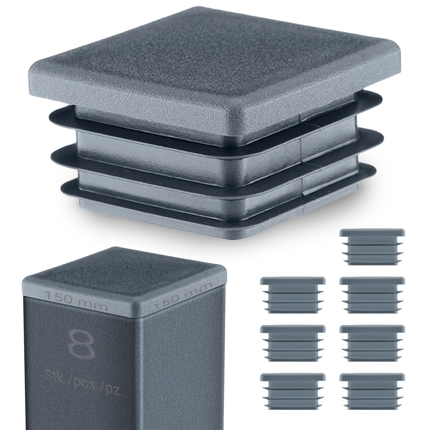 EMFA Square End Caps 150x150 mm – Plastic Tube Inserts for Steel Box Section – Anthracite Tube Plugs – 8 Pcs
