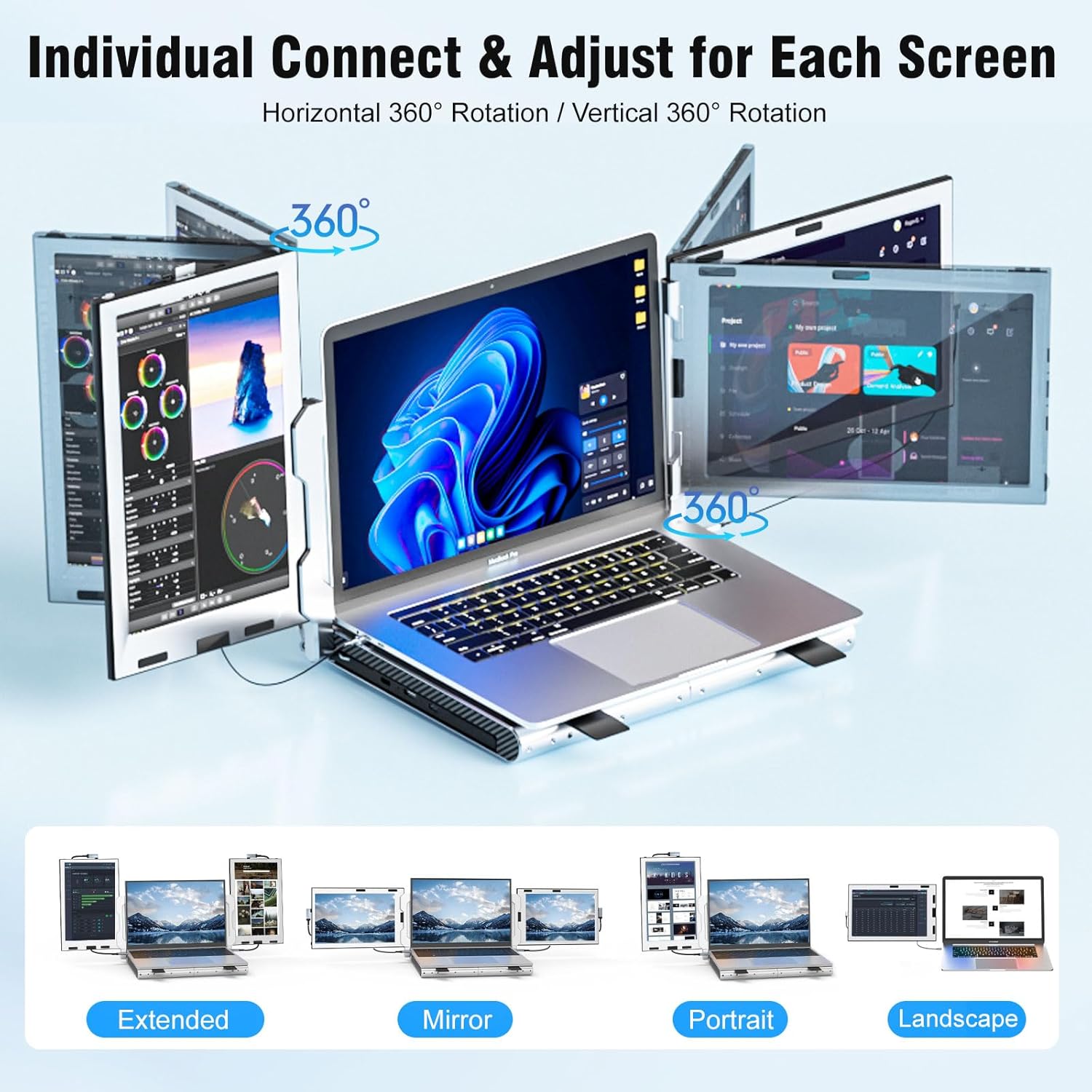 KEFEYA Laptop Screen Extender for 11"-17" Laptop, Upgraded 360° Rotation Triple Monitor for Laptop- 10.1" Portable Screen Extender Full IPS - HDMI/USB-A/Type-C Plug & Play for Wins/Mac/Chrome
