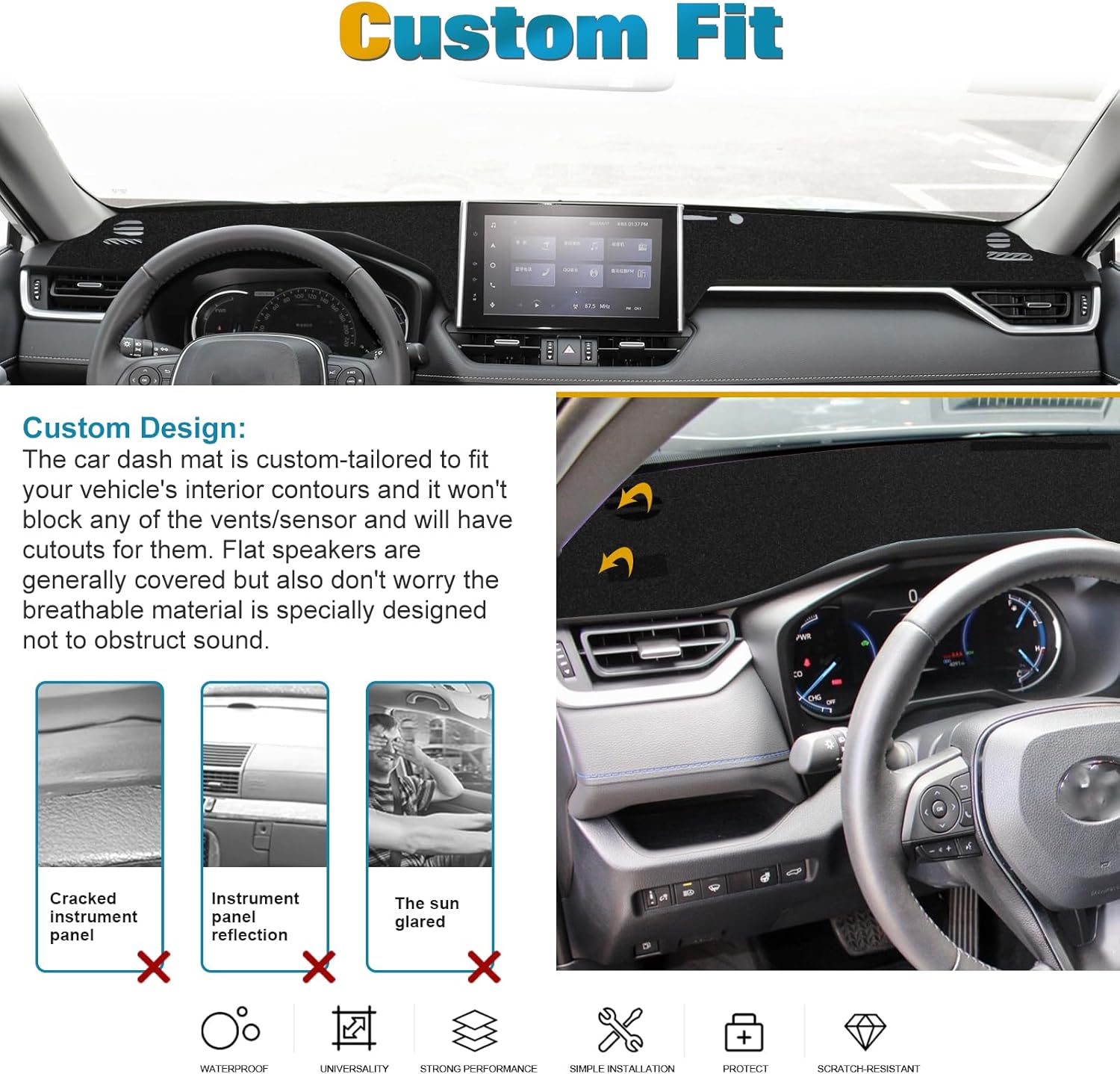 x xotic tech Center Console Dashboard Mat Pre-Cut Non-Slip Sunshield Sun Glare Protector Dash Carpet Pad Black Cover Compatible with Toyota RAV4 2019 2020 2021 2022 2023 2024 2025