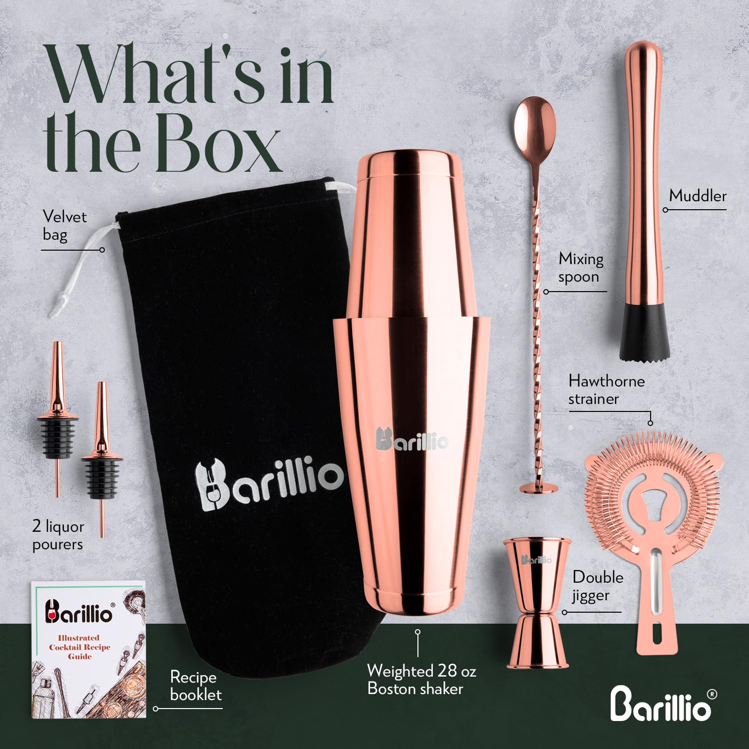 Barillio Juego de coctelera Boston de oro rosa, acero inoxidable, juego de coctelera con peso Martini con colador y mezclador, kit de barman de mixología, juego de bar para el hogar, juego de
