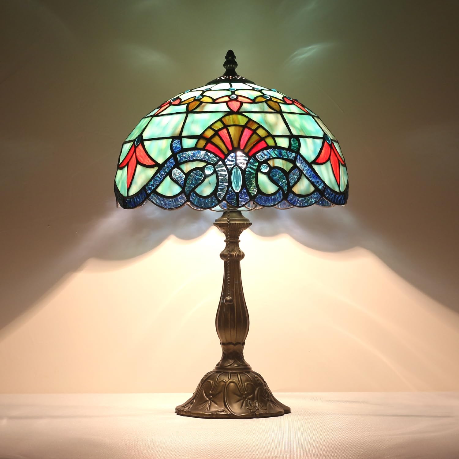 Tiffany Lamp, W12H19 Inch Stained Glass Table Lamp with Resin Base, Antique Desk Light, Art Decor Baroque Style