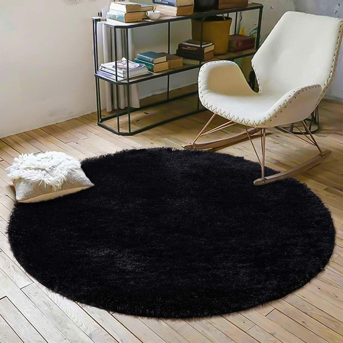 YOH Fluffy Soft Round Area Rugs for Kids Girls Room Princess Castle Plush Shaggy Carpet Cute Circle Furry Nursery Rug for Teen's Bedroom Living Room Home Decor Big Circular Floor Carpet 4'x4' Black