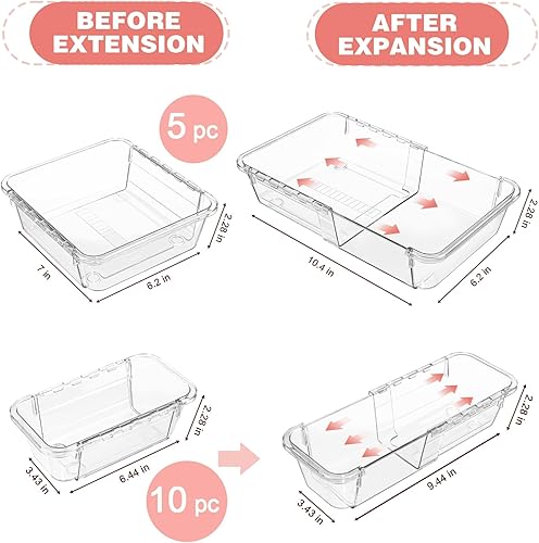 Miniatura 2 de Organizador de cajones transparente extensible de 15 piezas, caja de almacenamiento de tocador ajustable, organizador de cajones de escritorio de 2