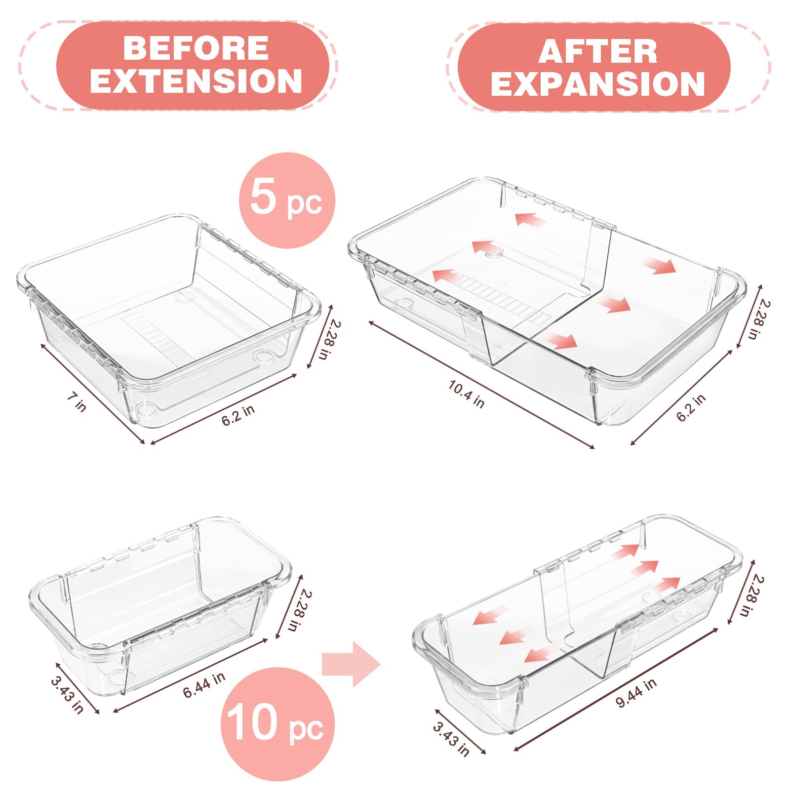 15 organizer trasparenti per cassetti, regolabili, organizer per cassetti da scrivania, bidoni in acrilico per trucchi, cosmetici, gioielli