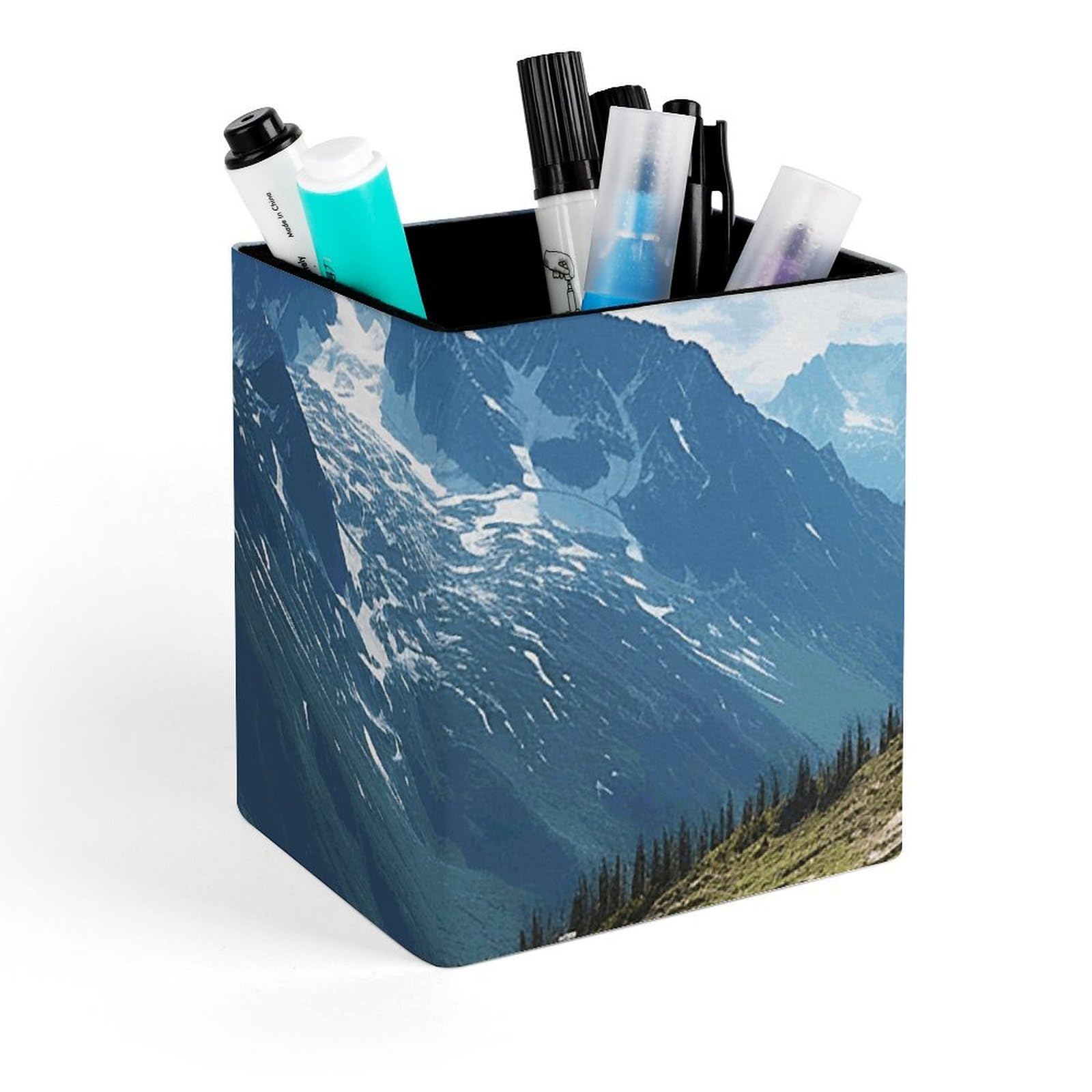 DWVTSLH Aesthetic Pen Holder for Desk - Modern Leather Pencil Holder - Stylish Square Makeup Brush Holder - Mountains Pen Cup Cute And Functional Desk Organizer for Office Supplies