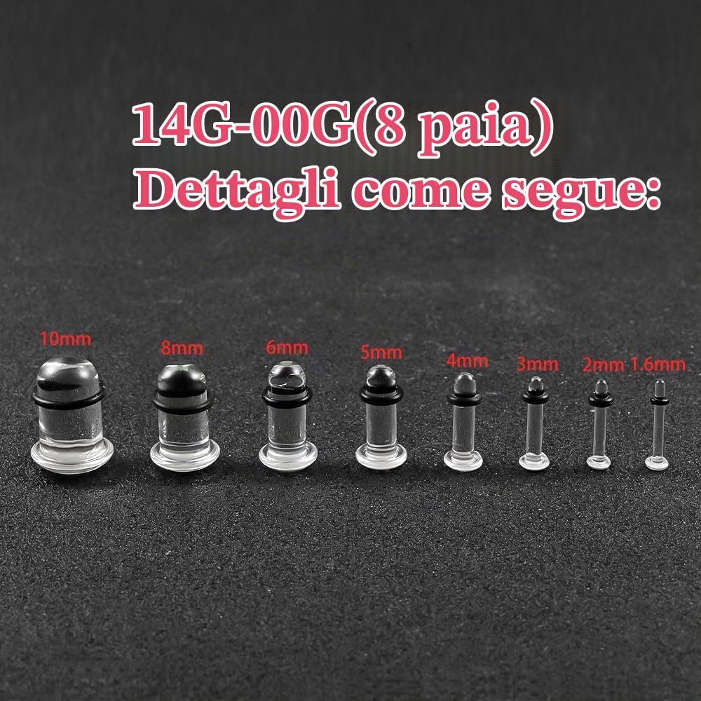 DOEARKO Dilatatori per Orecchio 8 Paias O-Ring in Vetro Ear Gauges Tunnel Cilindro Forma Tunnel Expanders Stretchers Body Piercing Gioielli