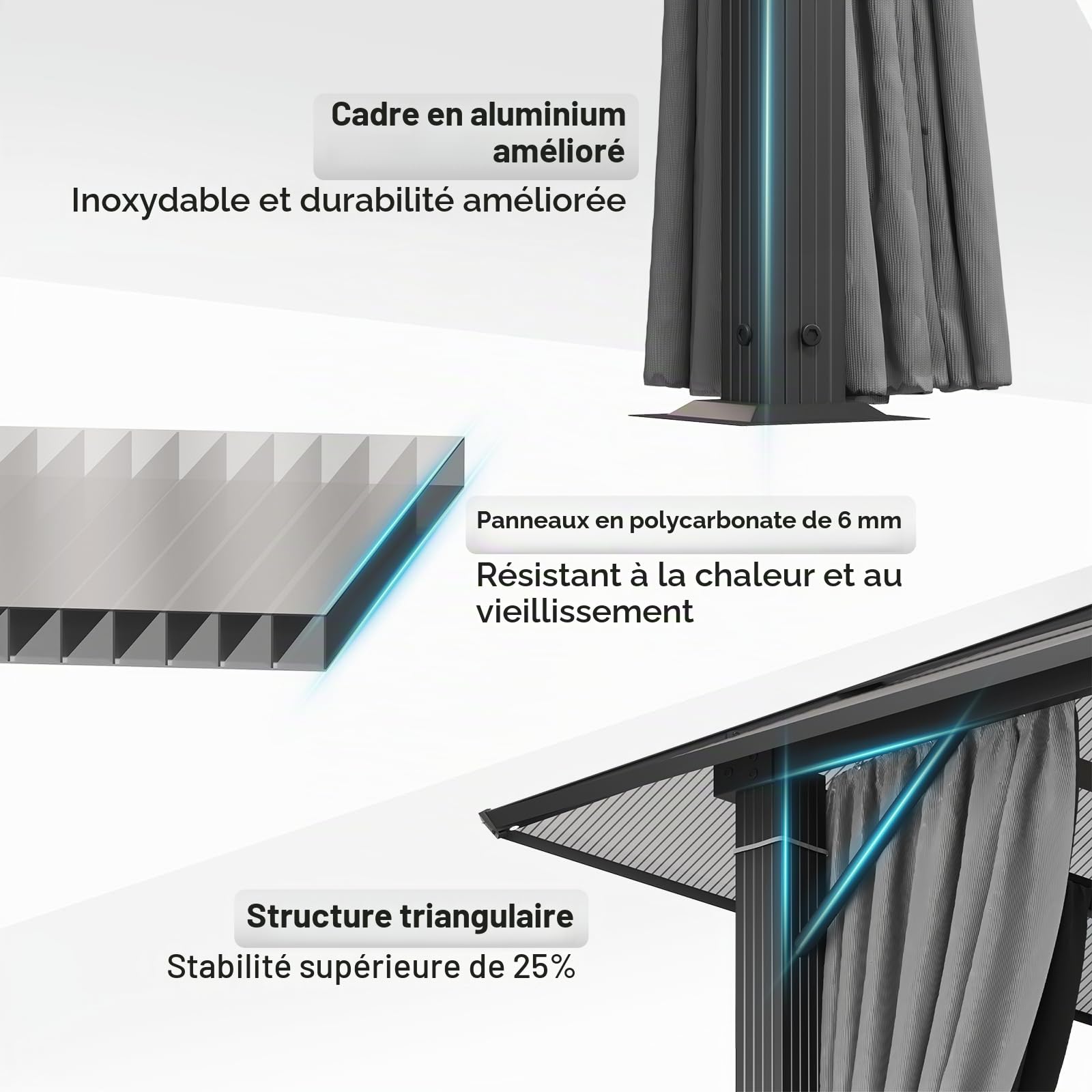 Devoko Tonnelle de Jardin 3x3 Imperméable et Stable, Tonnelle de Jardin Exterieur en Aluminium, Gloriette avec Toit Fixe Résistant aux UV, Hardtop Pavillon Convient pour Les Scènes Extérieures, Gris