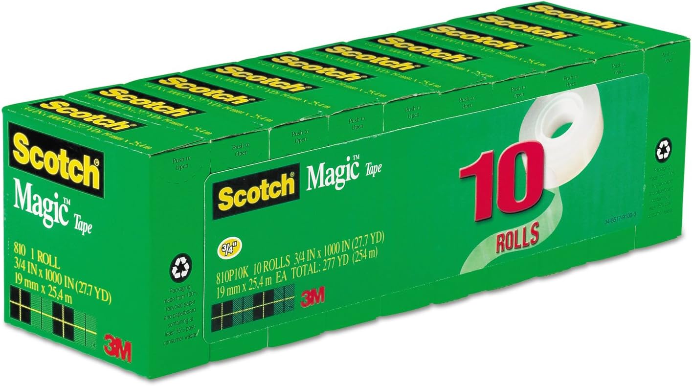 Scotch Magic Tape 810P10K, 3/4" x 1000", 1" Core, Invisible Matte Finish, 10-Pack Refill Rolls for Permanent Paper Mending