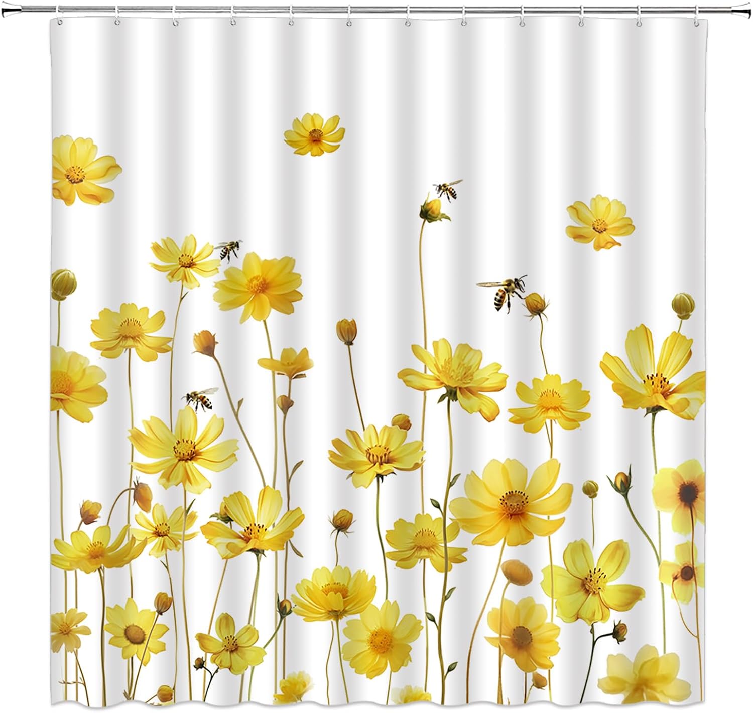 Yellow Floral Extra Long Shower Curtain, Flower Botanical Boho Spring Nature Wildflower Bee Scenery Bathroom Home Curtain Decor with Hooks,70" Wx84 H