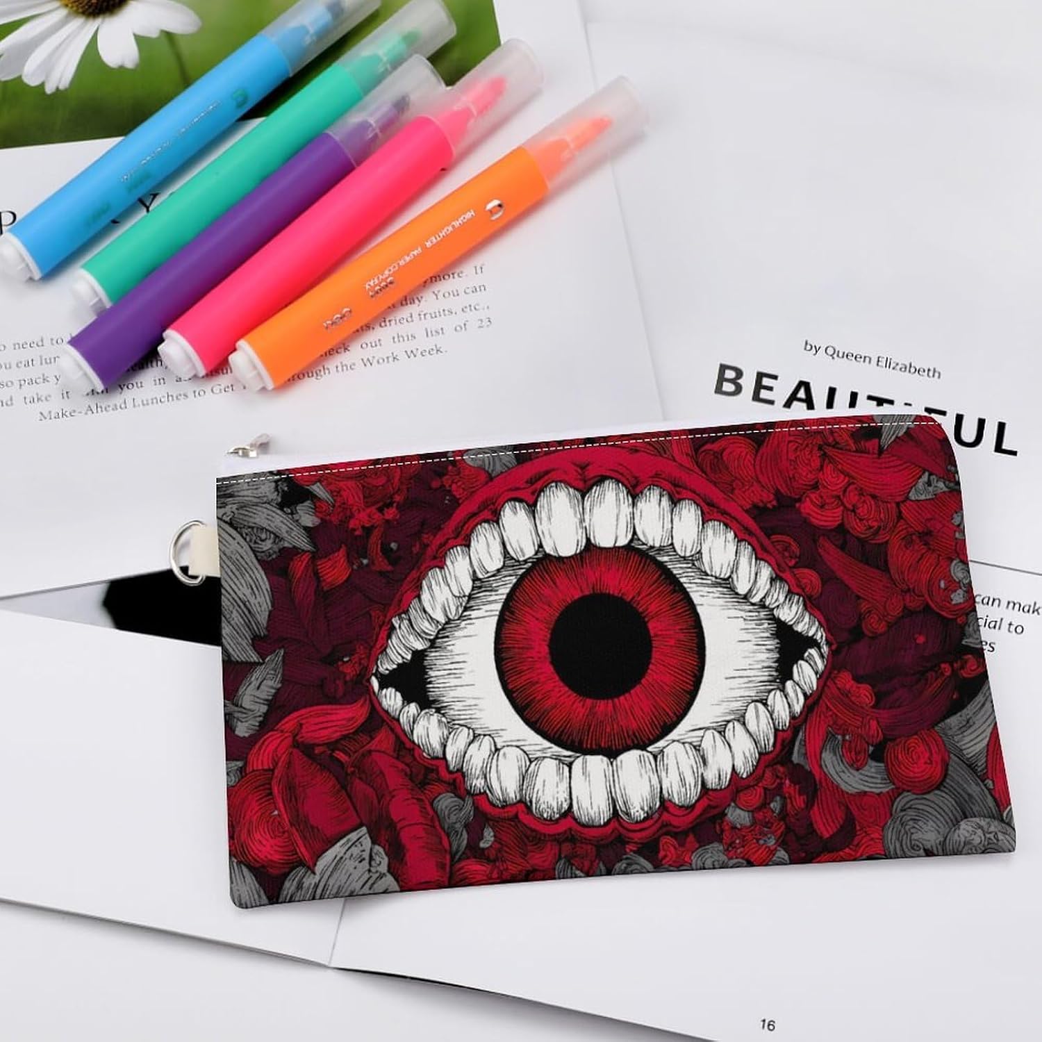 Eye Mouth Teeth Floral Graffiti Coin Purse Pouch Wallet Change Holder Zippered Makeup Bag For Men And Women