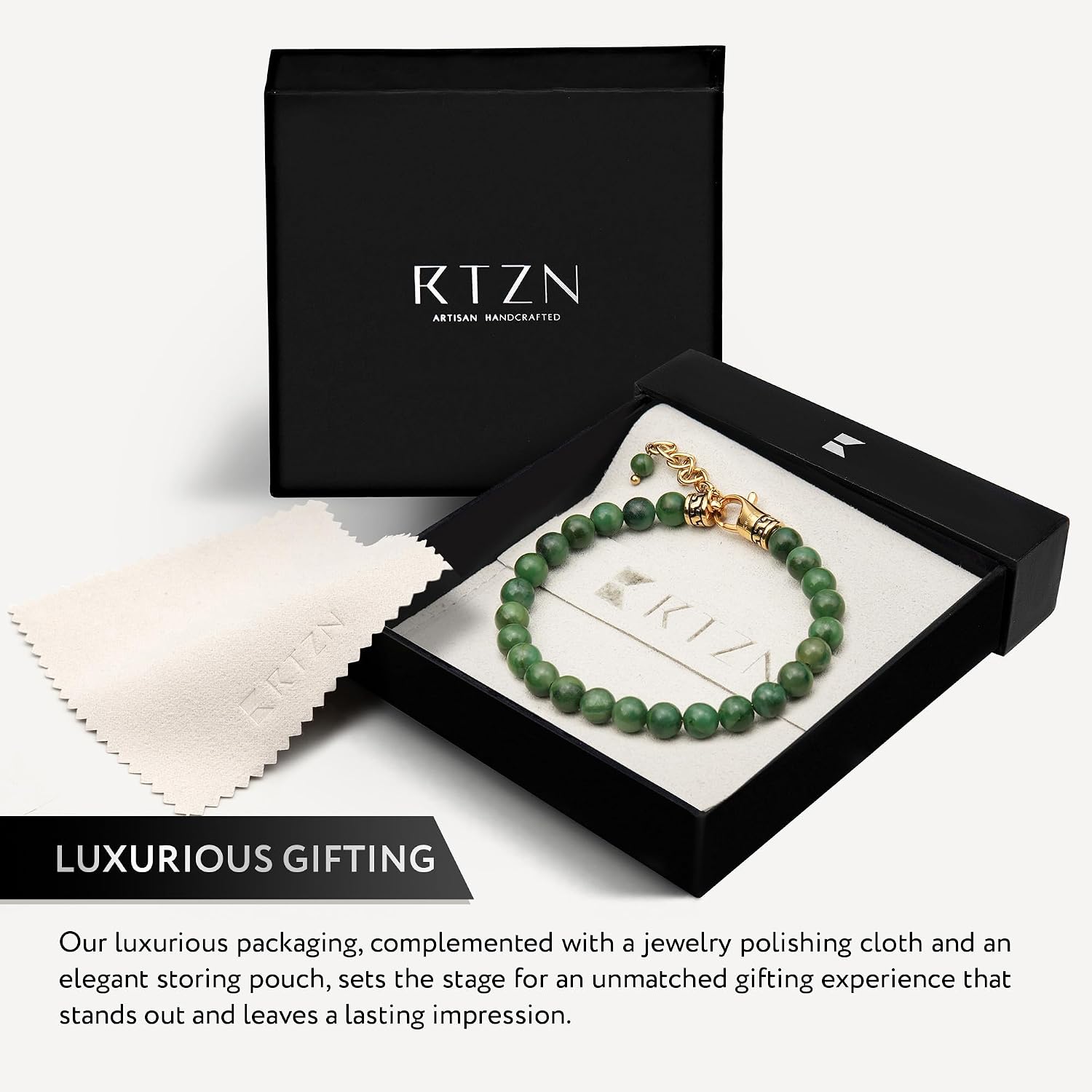 RTZN® Jade Bracelet for Men – Premium Artisan Handcrafted Authentic Dark Green Jade Bracelet – 8MM Beaded Stone Mens Jade Bracelets
