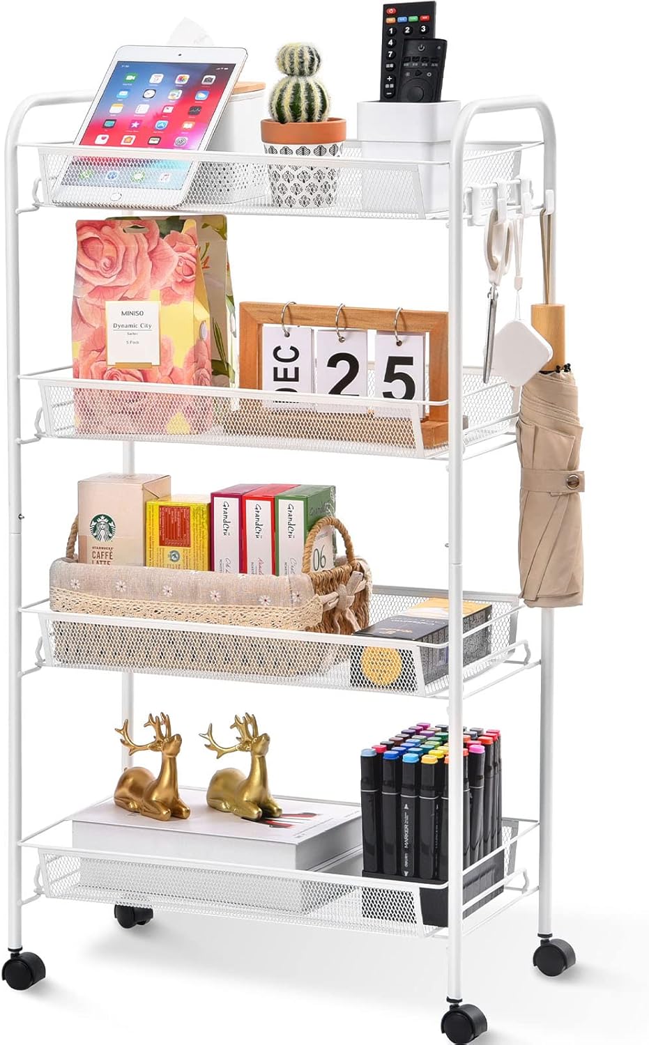 TOOLF 4Tier Rolling Cart, Metal Utility Cart with 3 Hooks, Easy