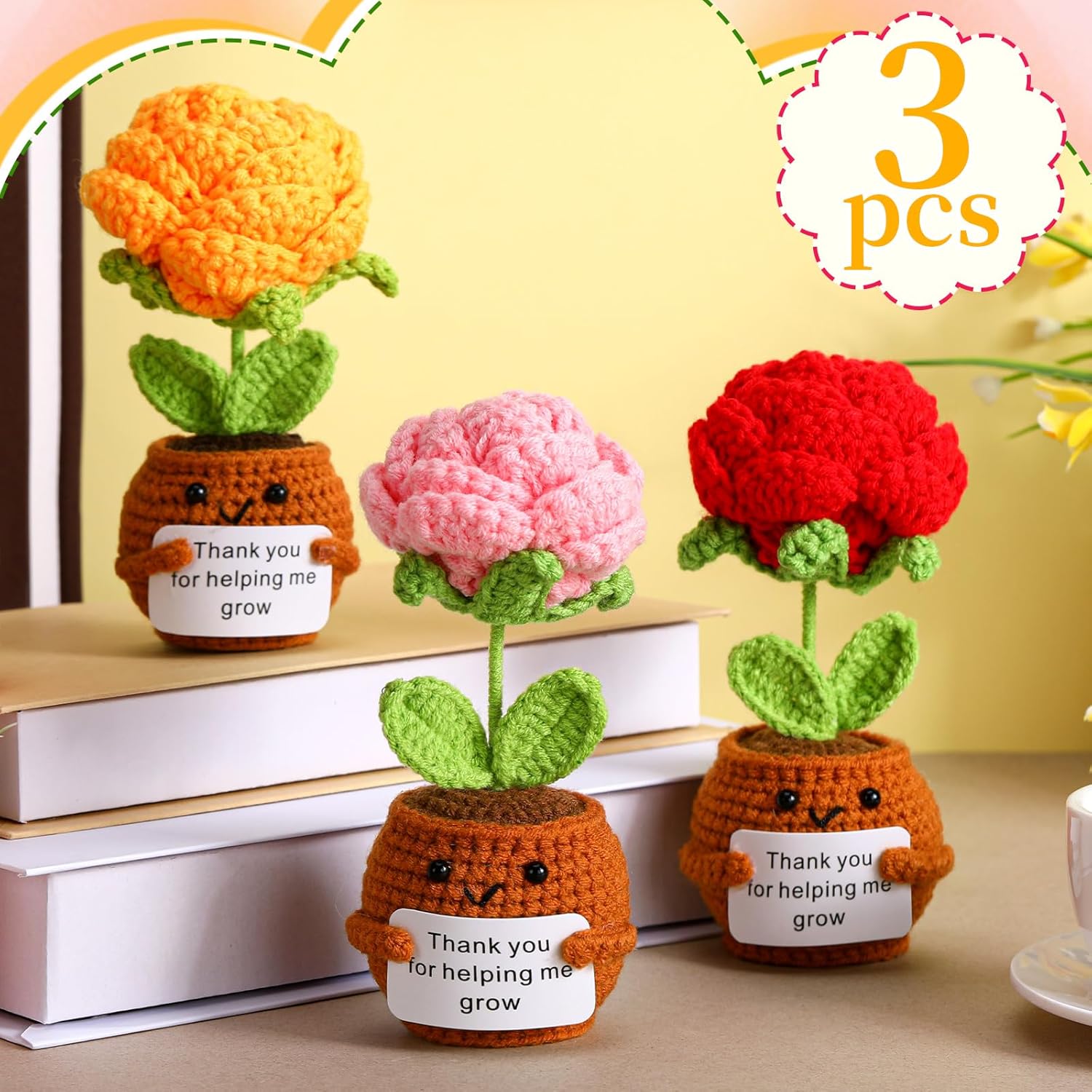 3 Pcs Teacher Appreciation Gifts Positive Flower Handmade Crochet Doll Thank You for Helping Me Grow Gift for Women Teacher Appreciation Week End Year(Rose Flower) - Image 3