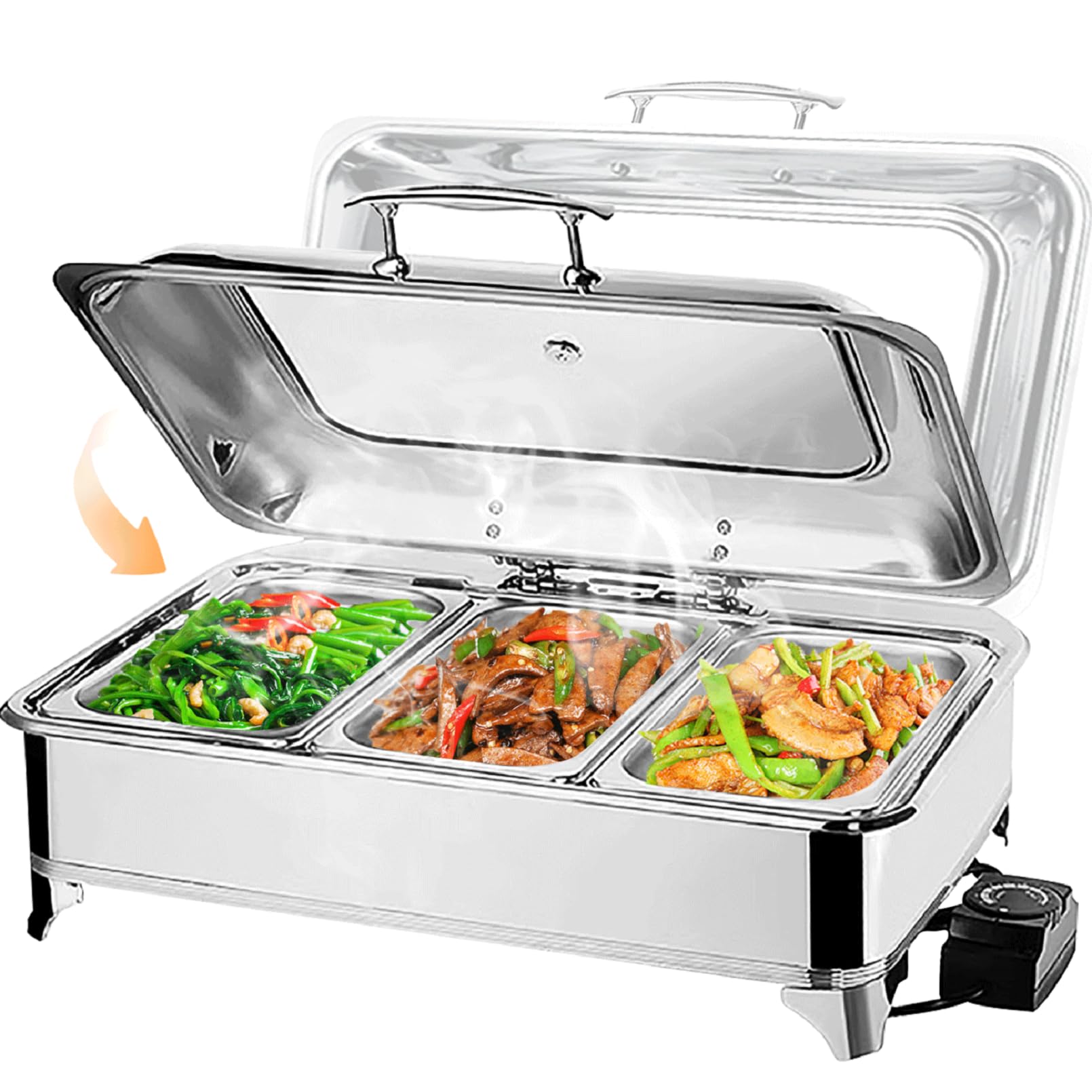 Chafing Dish Elektrisch 9L (A, 1/3 PAN) | Catering Warmhaltebehälter Temperatureinstellknopf, Rechteckiger Chafing Dish Set Speisenwärmer mit Sichtbarem Glasdeckel