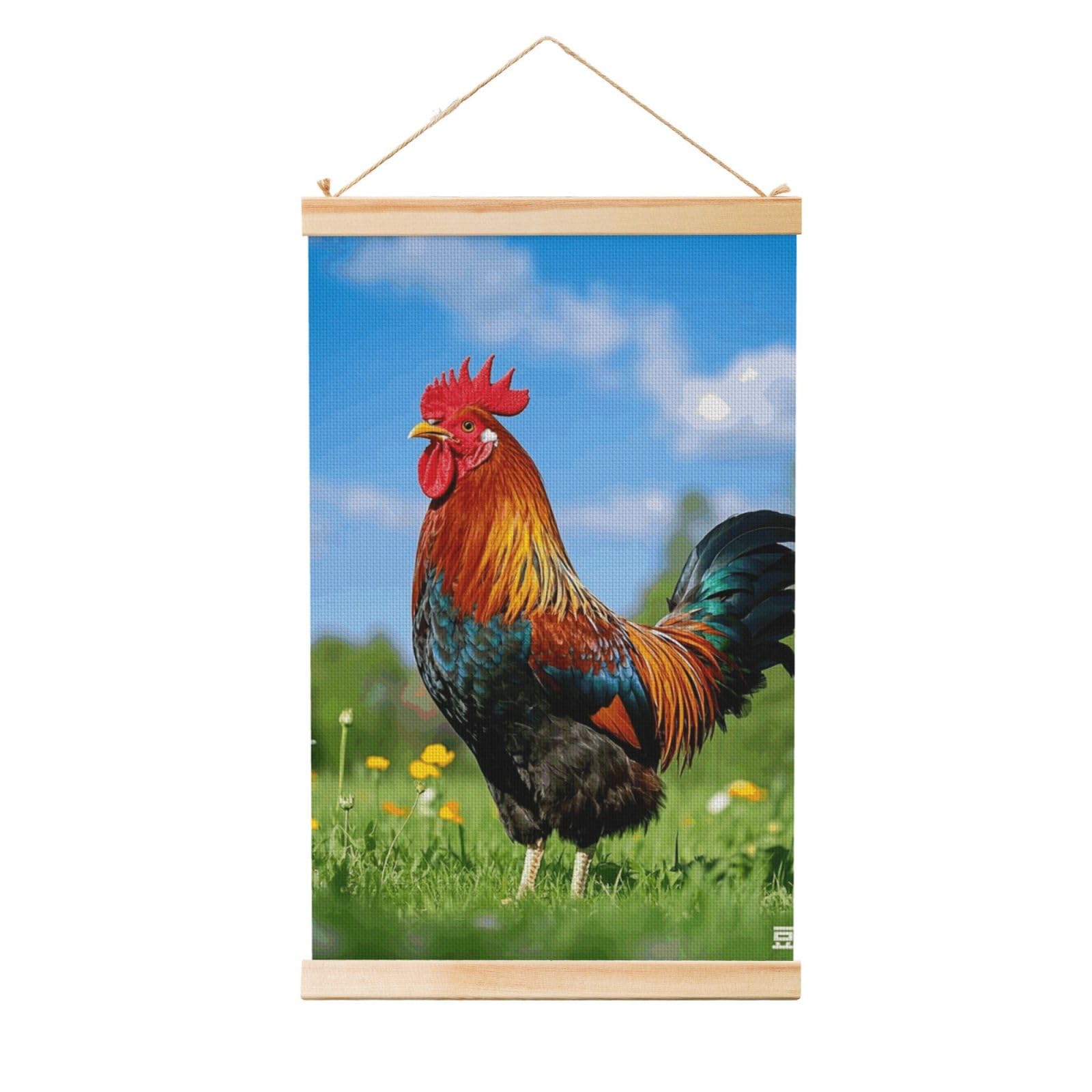 rooster Poster Wooden Shaft Hanging Poster Wall Hanging Banner Canvas Artwork with Wood Frames 12"x18" Modern Artwork Decor Ready to Hang Wall Art for Home Decor Scroll Painting