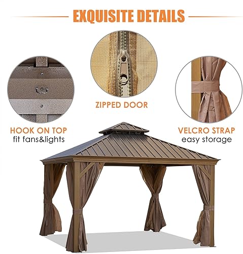 Miniatura 4 de Cenador permanente de 12 x 12 pies, con techo rígido de aluminio, con techo doble de acero galvanizado, con cortinas y malla para patio, patio