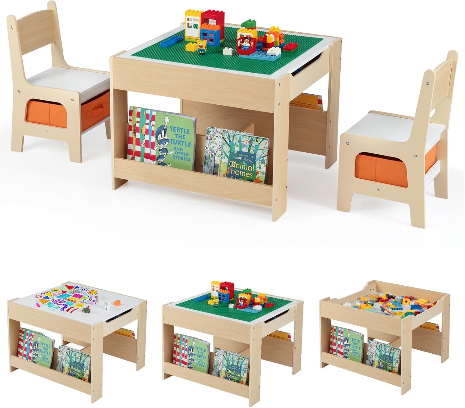 Costzon 4 in 1 Kids Table and Chairs, Wooden Toddler Activity Desk Set w/Reversible Graffiti & Building Blocks Tabletop, Storage Drawers and Bookshelves for Drawing, Reading, Crafts (Natural)