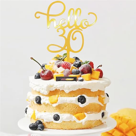 Hello 30 Cake Topper, Gold Acrylic 30th Birthday Party Decorations, Anniversary Supplies, and Cake Dessert Decor