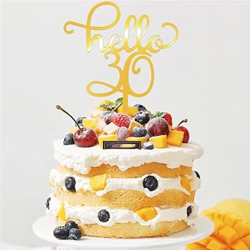 Hello 30 Cake Topper, Gold Acrylic 30th Birthday Party Decorations, Anniversary Supplies, and Cake Dessert Decor