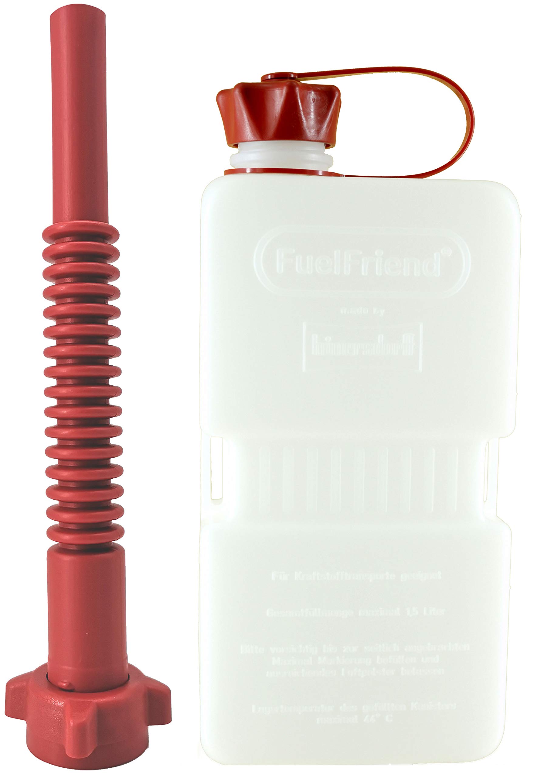 Fuelfriend Transparent Fuelfriend®-Plus Clear 1.5 Liters - Small Petrol Can Mini Reserve Canister + Flexible Premium Outlet Pipe - Perfect For Motorcycles, Cars And More