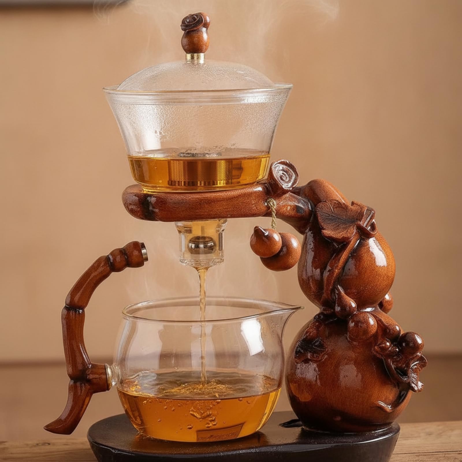 Dispositif d'Infusion Gourd Central Théière Infuseur Carafe Tasse Réceptrice en Verre Borosilicaté avec Socle Bois et Poignée Courbée Infusion Visible