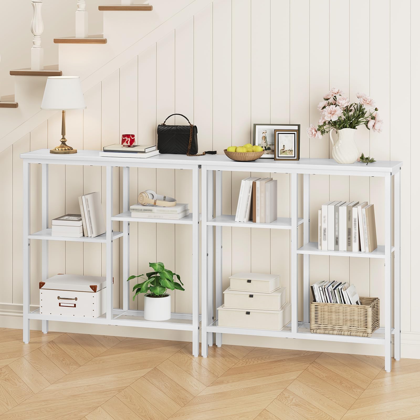 HOOBRO Tavolo Consolle Ingresso, Tavolo da Divano, a 4 Ripiani, Stile Industriale con Ripiani di Rete Metallica, per Ingresso, Soggiorno, Corridoio, Bianco EWW79XG01