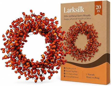 Larksilk 20in Artificial Berry Wreath, Orange & Red Fall Twig Door Decor | 20in handcrafted artificial berry wreath in orange & red fall hues on a twig base for doors & year-round decor