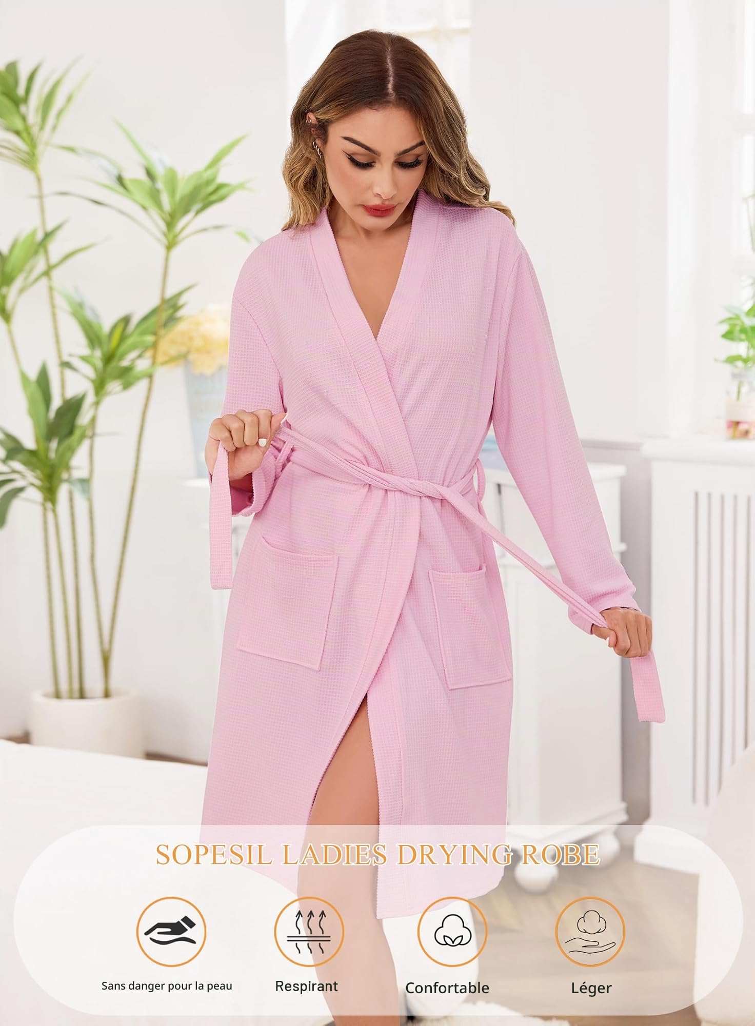 Sopesil Peignoir de Bain Femme Coton Robe de Chambre en Tissu Waffle à Manches Longues avec Col V Kimono Femme Ceinture et Poches Hôtel Spa Tailles S-XXL