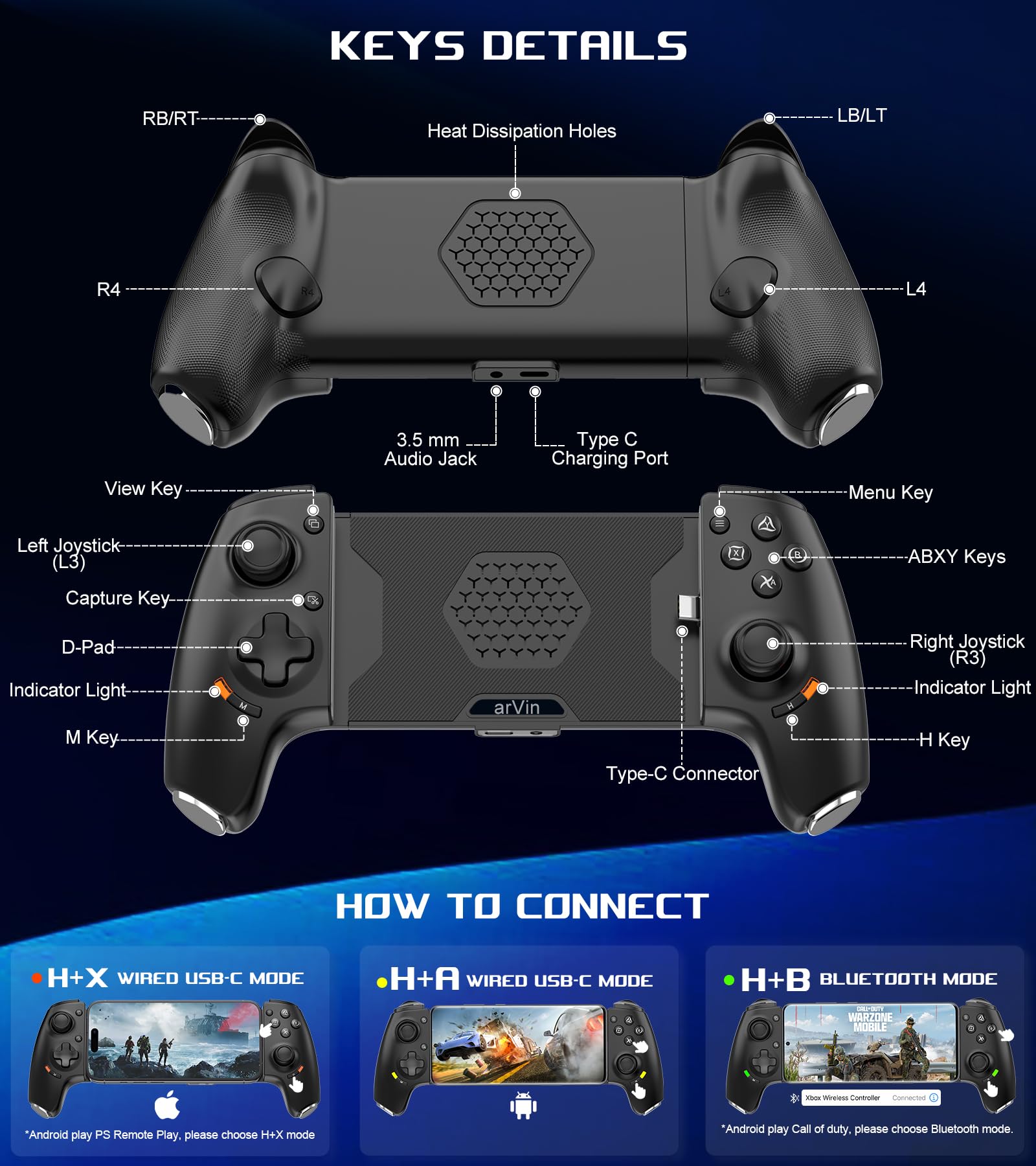 Type C Mobile Gaming Controller for Android & iPhone 17/16/15 Series (USB-C), Phone Controller with Hall Joystick & Triggers, Remote Play/Xbox Streaming/Cloud Game/COD, jack audio da 3,5 mm, nero