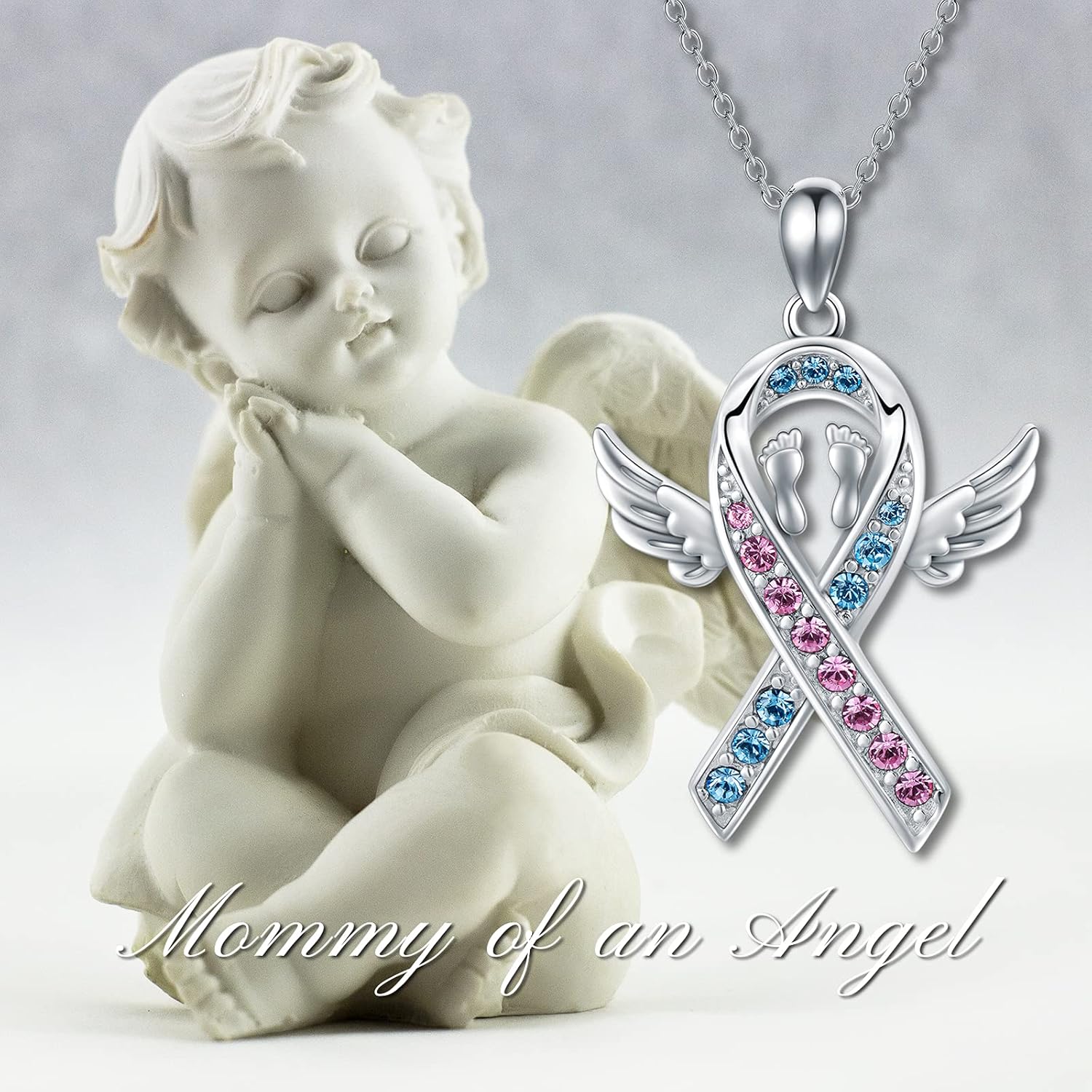 AOBOCO 925 Sterling Silver Mommy Of Angel Pink and Blue Ribbon Necklace Pregnancy Loss Infant Child Loss Awareness Sympathy Miscarriage Pendant Memorial Jewelry Gift for Mother - Image 6