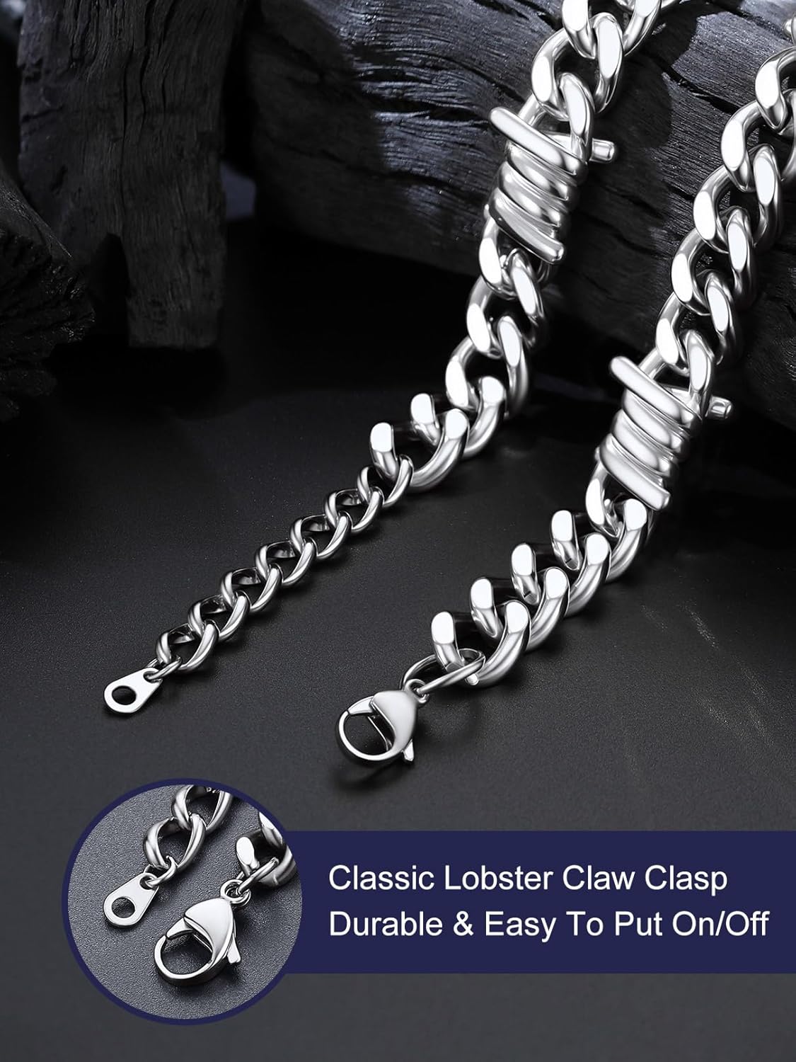 Bandmax Barbed Wire Cuban Chain Necklace for Women Men Stainless Steel/Black Thorns Choker Necklaces 16 Inch-22 Inch Punk Emo Chains Jewelry -Gift Packed - Image 3