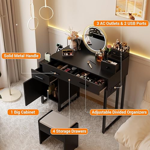 Miniatura 5 de Mesa de tocador con 4 cajones de almacenamiento - Mesa de tocador de maquillaje moderna con estación de carga, mesa de tocador negra con gabinete