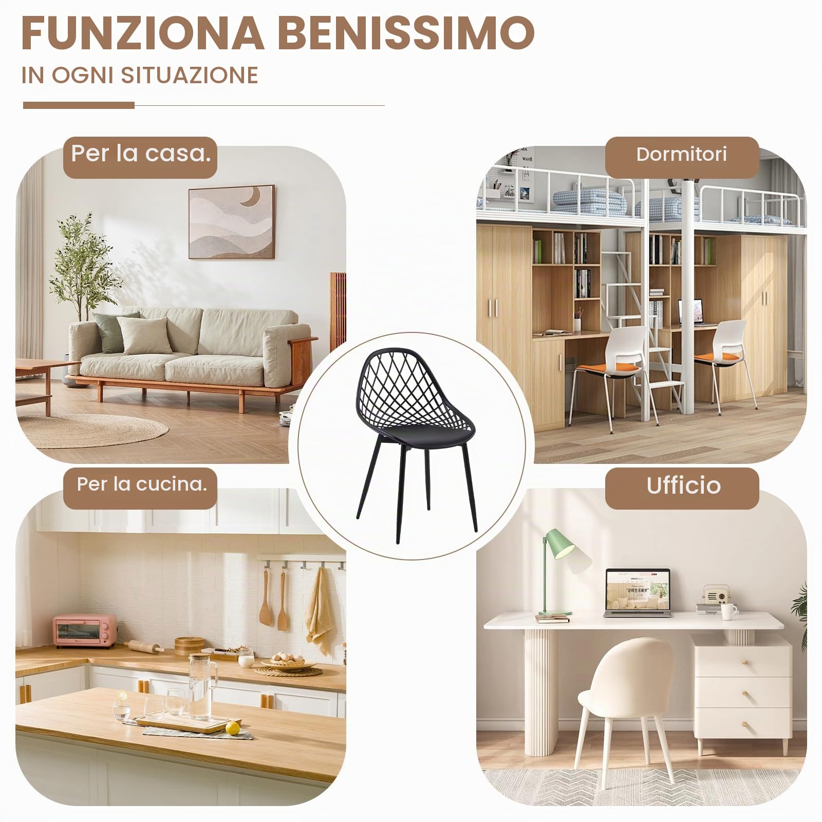 buybyroom Set di 4 poltrone, sedie da soggiorno, sedia piccola, realizzata in polipropilene e metallo, può sostenere un peso di 120 kg, colore nero