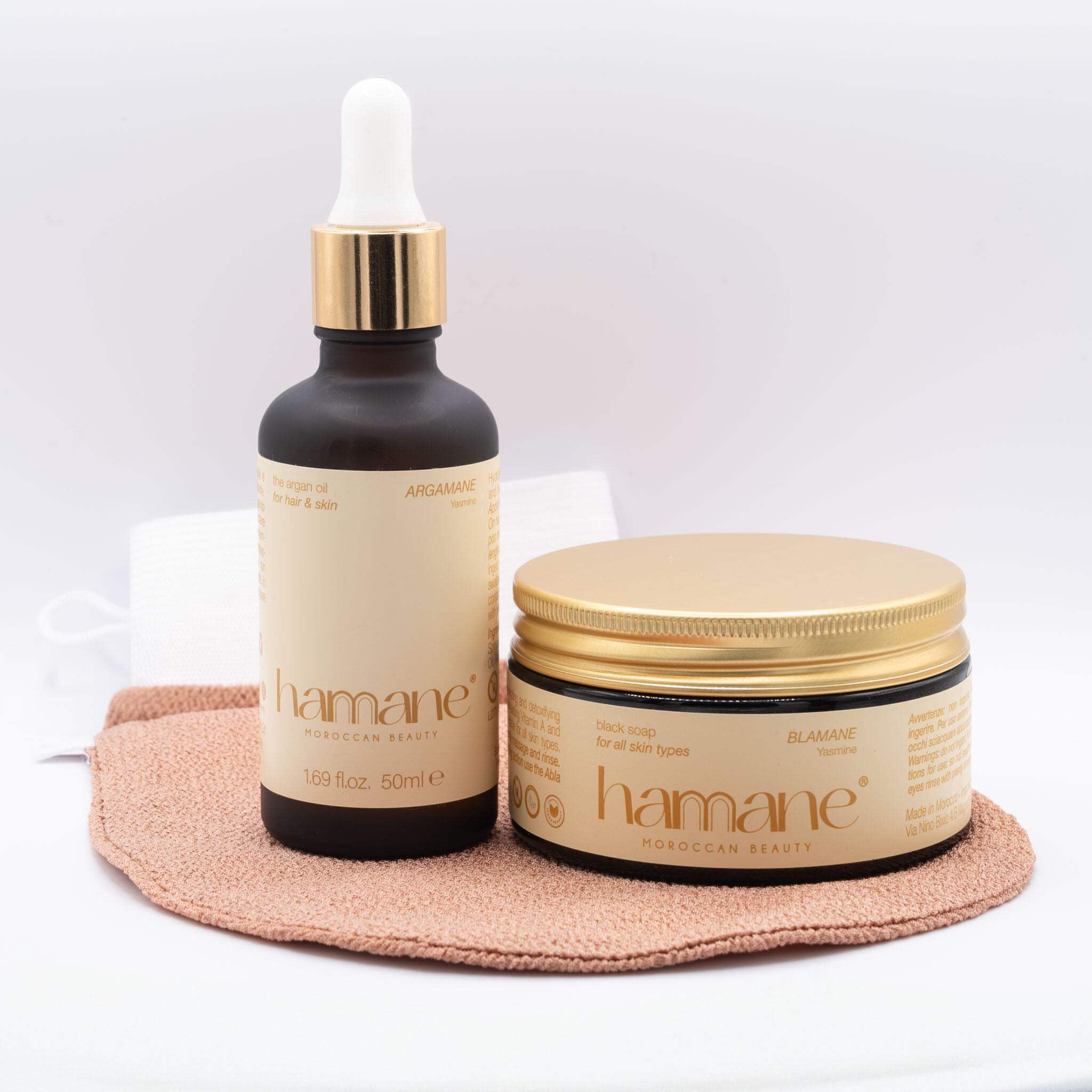 Beauty, Kit Hammam con Sapone Nero Marocchino (100 g), Guanto Kessa Esfoliante Marrone e Olio di Argan (50 ml), Pulizia Profonda ed Esfoliazione Delicata, Profumo Gelsomino